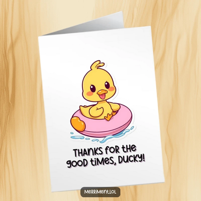 Funny Free Printable Thank You Card with a cheerful duck character riding an inflatable with joy.