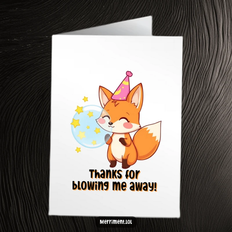Funny Free Printable Thank You Card: A festive fox blowing a bubble that explodes into twinkling stars