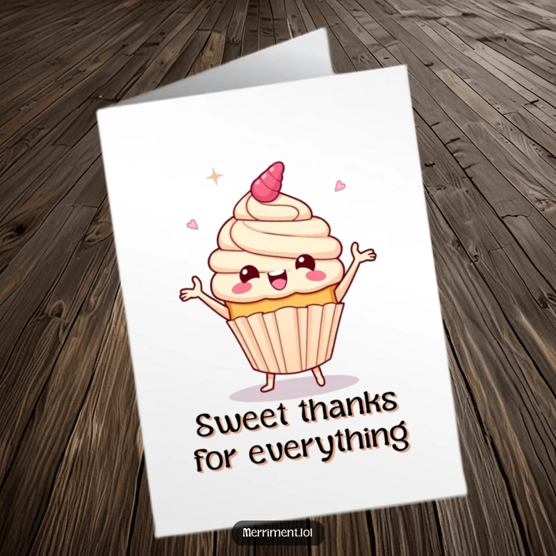 Funny Free Printable Thank You Card: A giddy cupcake character dances joyfully, frosting flying, conveying thanks with exuberant energy.