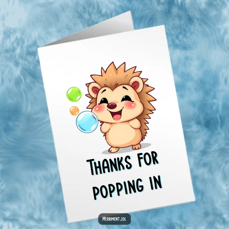 Cute free printable thank you card featuring a happy hedgehog blowing colorful bubbles with a wide grin.