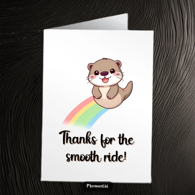 Funny Free Printable Thank You Card: A smiling otter sliding down a bright rainbow to express thanks
