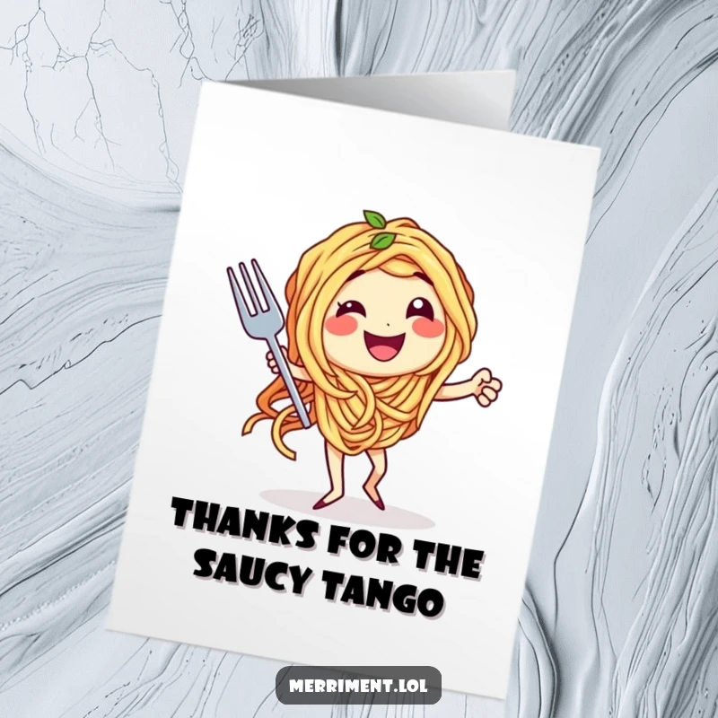 Funny Free Printable Thank You Card: A spaghetti character gracefully dances the tango with a fork, offering thanks with a charming, playful twist.