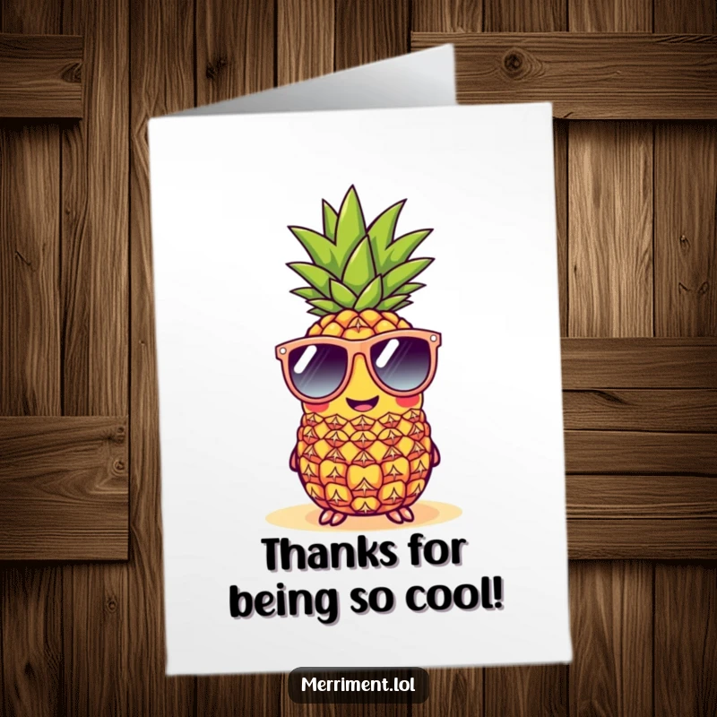 Funny Free Printable Thank You Card: A happy pineapple wearing cool sunglasses at the beach offers a sunny, humorous thank you.