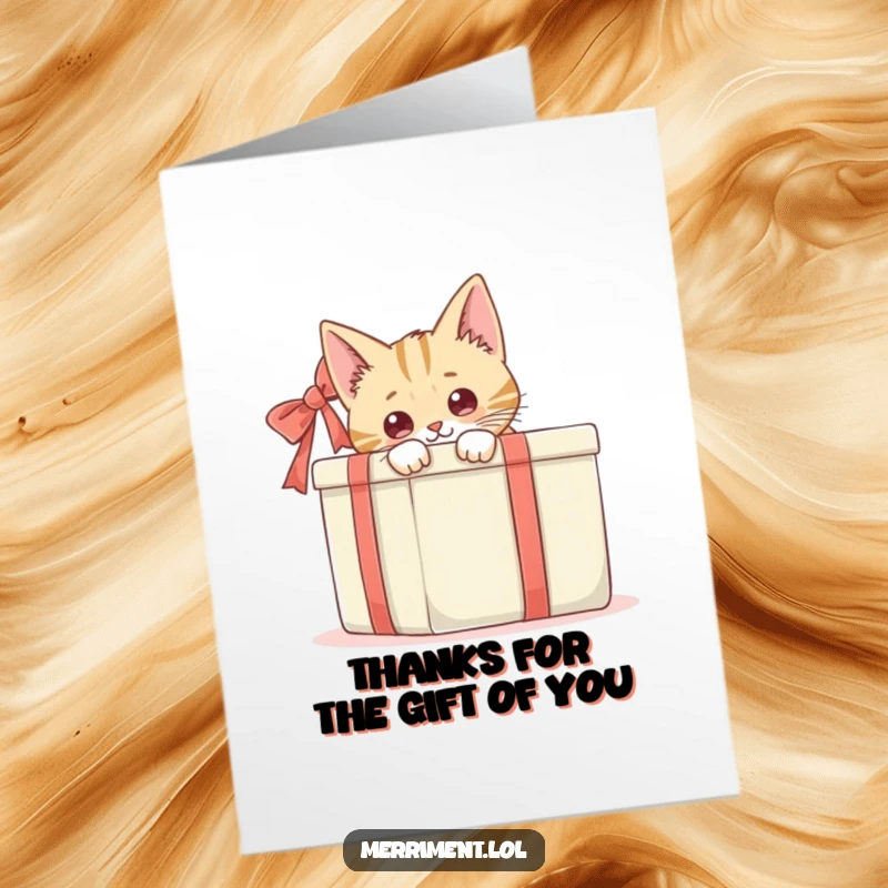 Funny Free Printable Thank You Card: Cat peeks out from behind a big gift box, a sweet surprise. Downloadable gift.