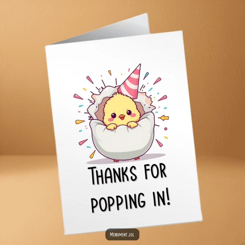 Funny Free Printable Thank You Card: Cute chick peeking out of an exploding party popper, expressing thanks with a joyous surprise.
