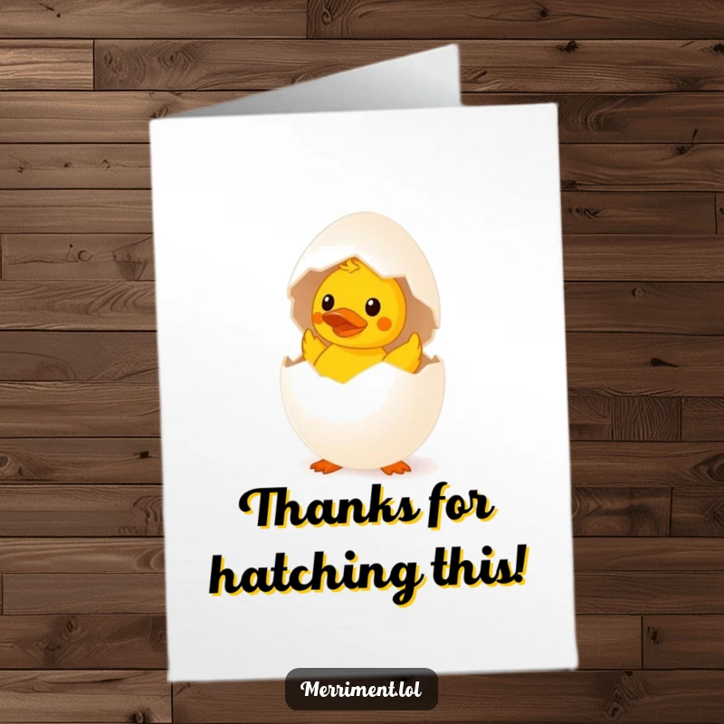 Funny Free Printable Thank You Card: A startled egg reveals a tiny rubber duck inside, a humorous way to say thanks.