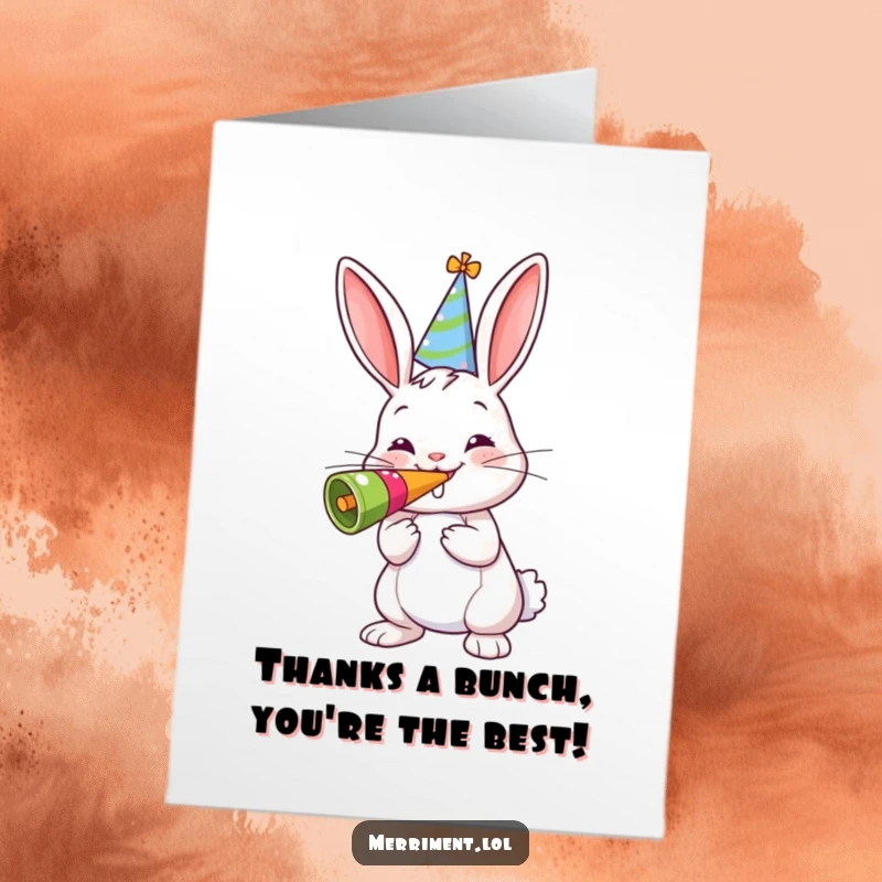 Funny free printable thank you card with a cheerful bunny in a party hat, shaking a giant noisemaker to express loud appreciation.