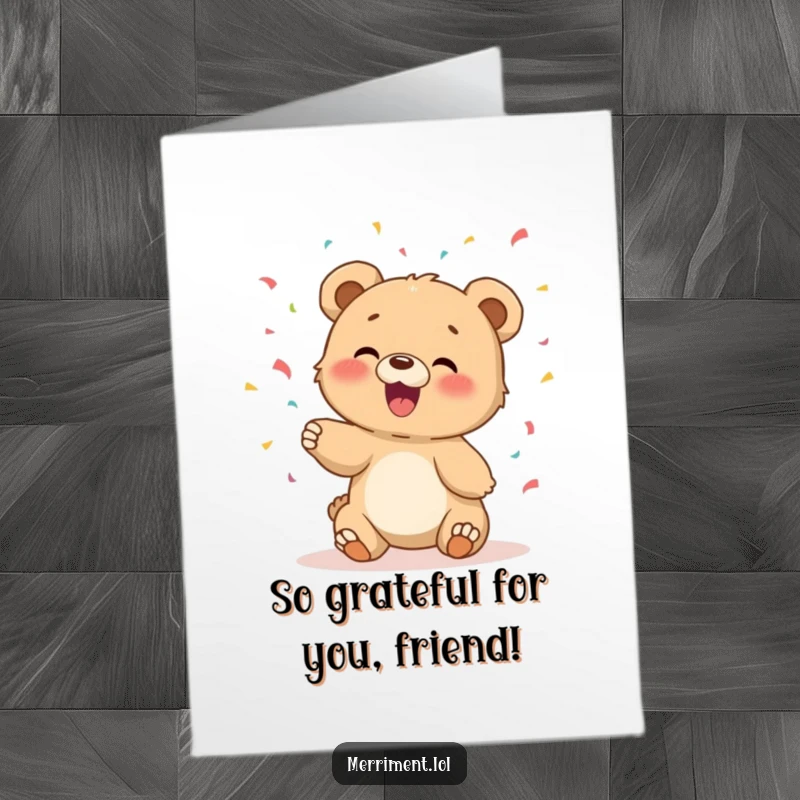 Funny free printable thank you card of a giggling bear cub tossing confetti, symbolizing a shower of heartfelt gratitude.