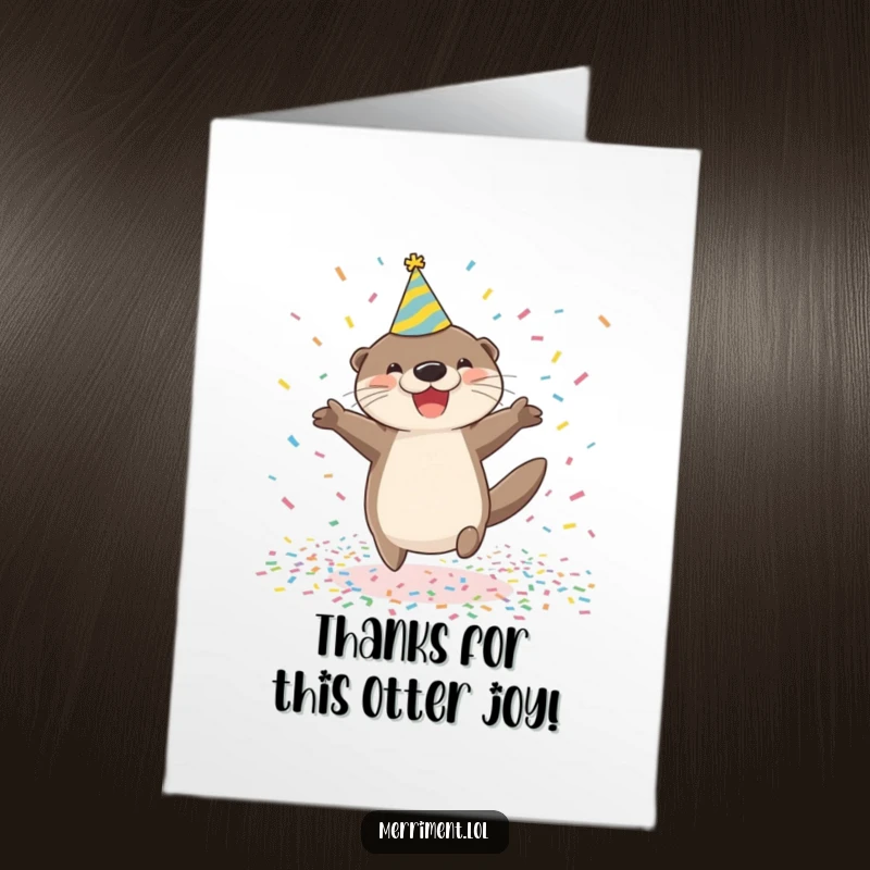 Funny Free Printable Thank You Card: A happy otter in a party hat jumps joyfully in confetti, saying thanks.