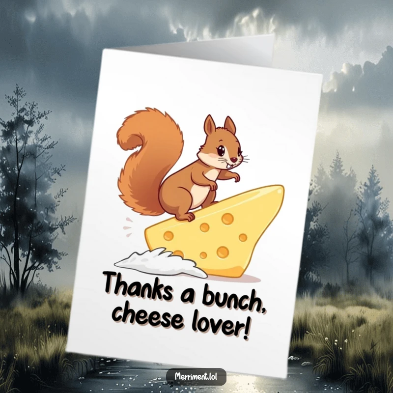 Funny Free Printable Thank You Card: Squirrel's epic cheese surf expresses thanks with downloadable humor.