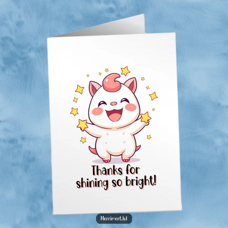 Funny Free Printable Thank You Card: Joyful creature juggling sparkling stars with a wide grin, expressing thanks.