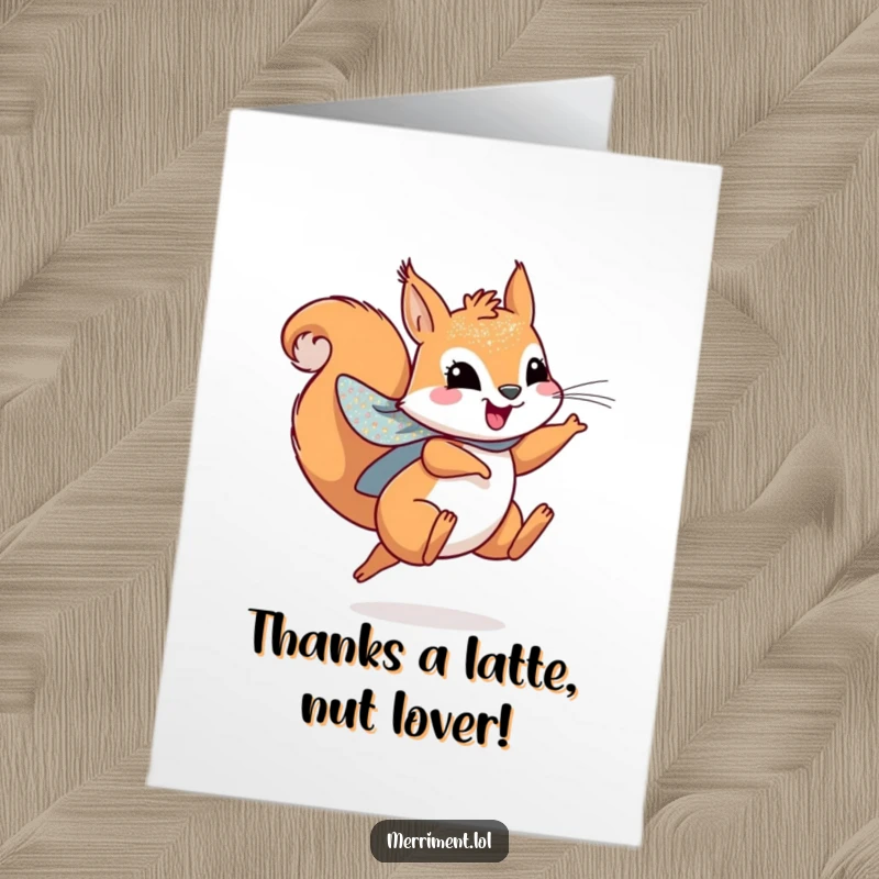 Funny free printable thank you card of a playful squirrel in a sparkly cape, leaping joyfully to express heartfelt thanks.