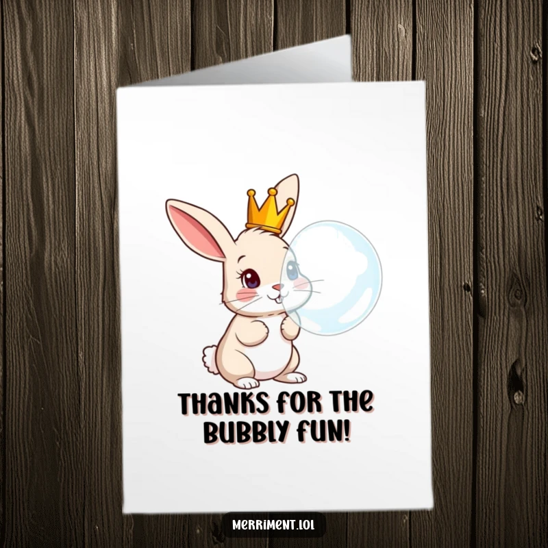 Funny Free Printable Thank You Card: A rabbit wearing a tiny crown blowing a gigantic bubble with gratitude.