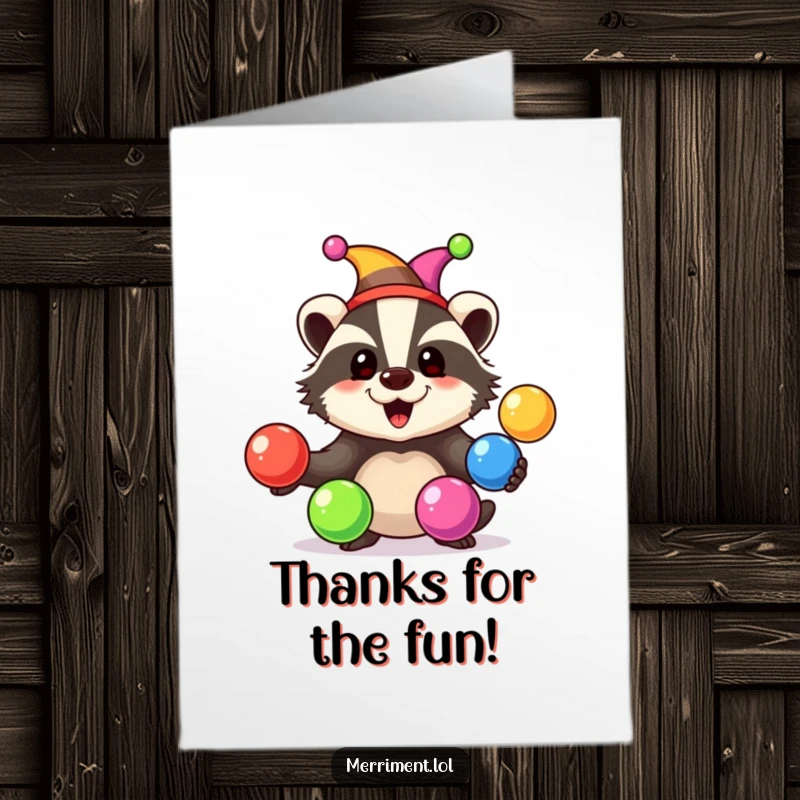 Funny Free Printable Thank You Card: Jester badger juggling rainbow balls, sending thanks with a playful spirit.