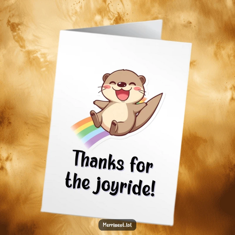 Funny Free Printable Thank You Card: A joyful otter slides down a rainbow, sending thanks with a wide, happy grin.