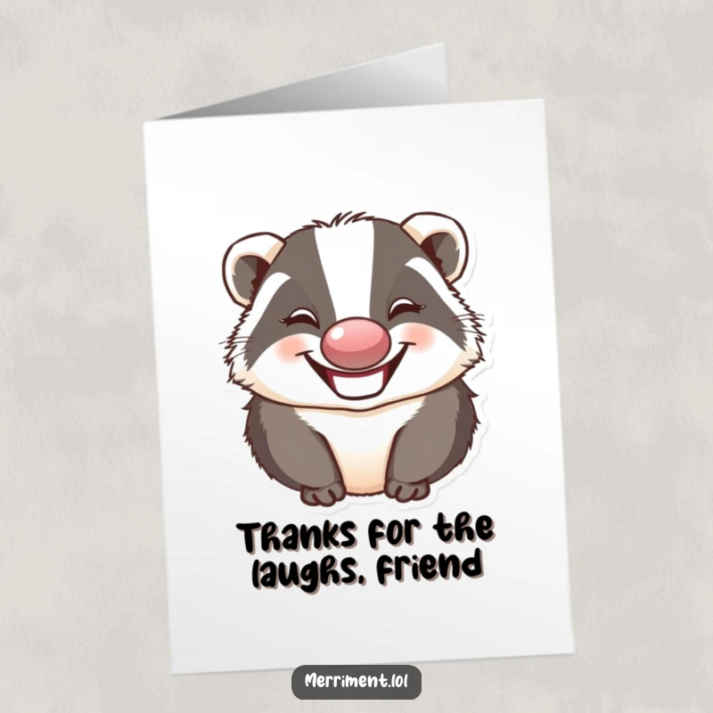 Funny Free Printable Thank You Card: Grinning badger clown with nose, a silly downloadable thank you.