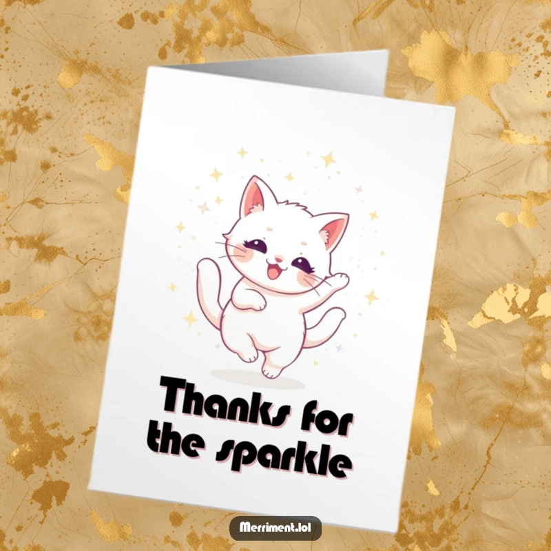 Beautiful free printable thank you card featuring a radiant cat twirling in a shower of shimmering glitter.