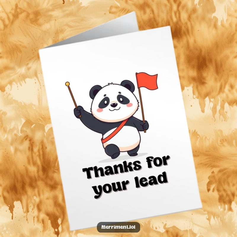 Funny Free Printable Thank You Card featuring a determined panda marching with a tiny flag, expressing sincere gratitude.