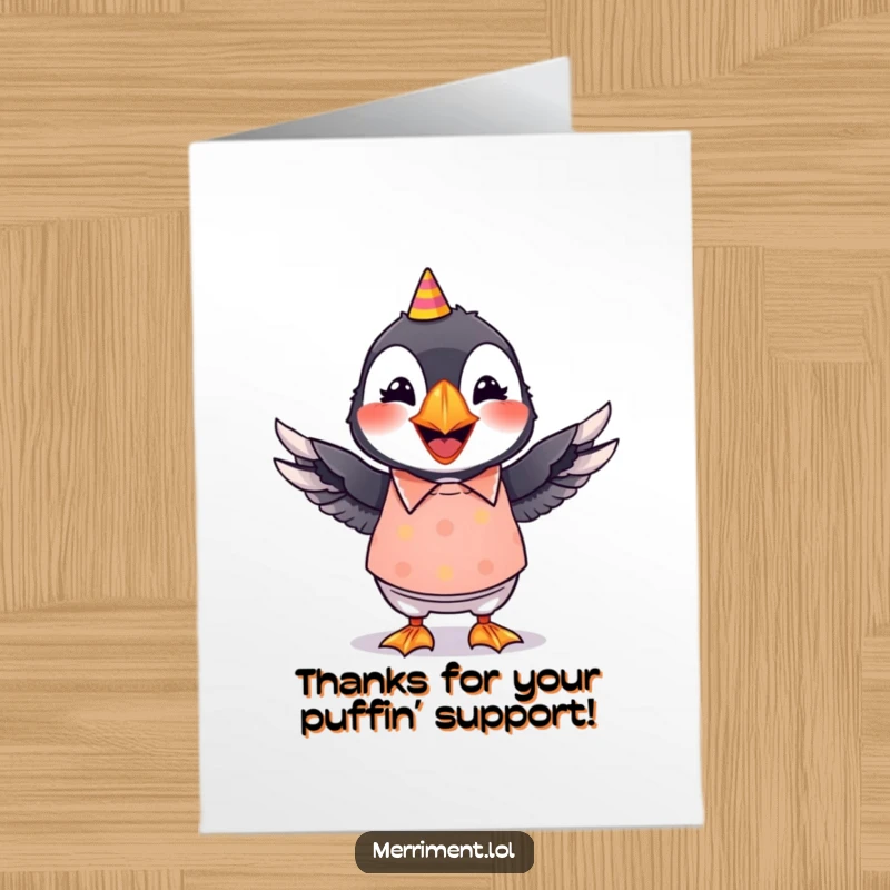 Funny Free Printable Thank You Card: A grinning puffin in a bright party shirt, wiggling its wings, perfect DIY greeting.