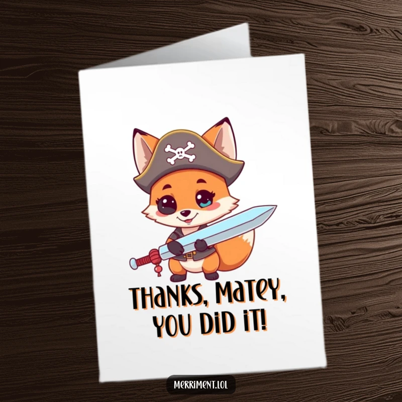Funny Free Printable Thank You Card: A curious fox in a pirate hat wields a lollipop sword, offering thanks for sweet treasures.