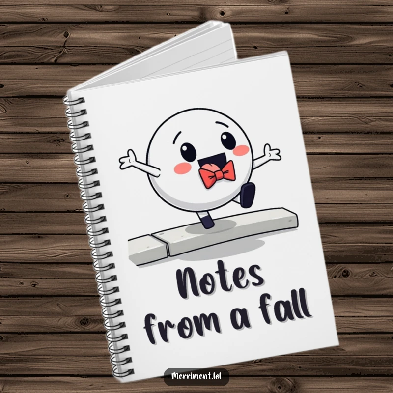 Funny notebook cover depicting a ball in a bowtie comically falling off a curb, ideal for jotting down humorous notes.