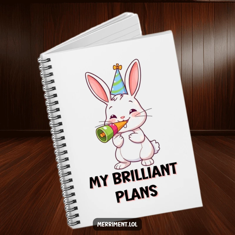 Funny notebook featuring a cheerful bunny in a party hat, blowing a giant noisemaker, for all your note-taking needs.