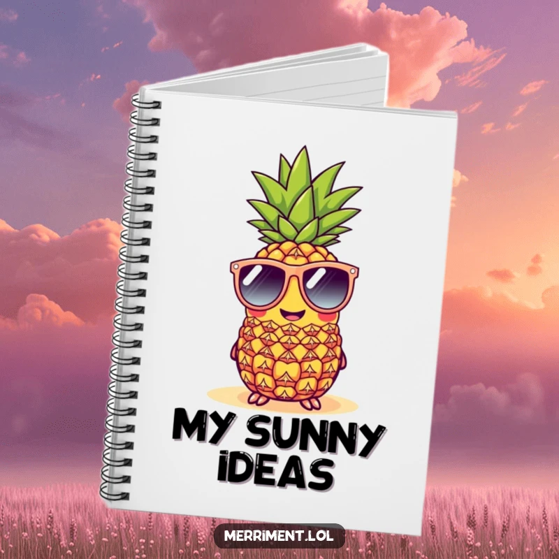 Funny cheerful pineapple notebook wearing oversized sunglasses at a beach, a humorous and tropical journal.