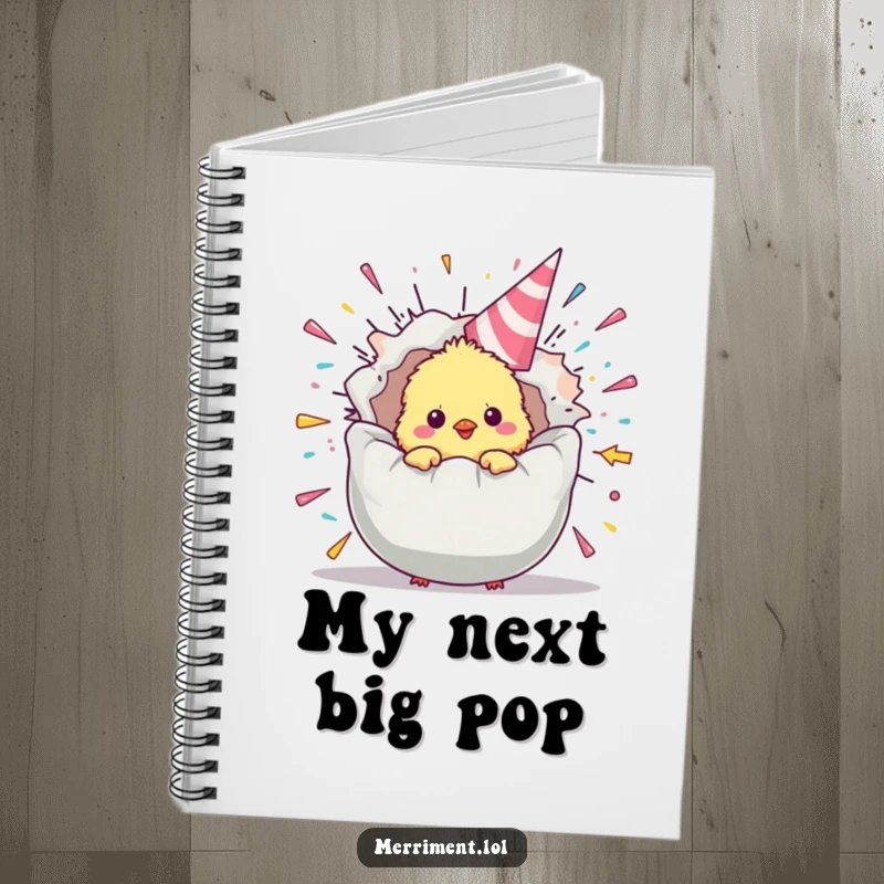 Funny chick notebook with a fluffy bird emerging from an exploding party popper, ideal for journaling with festive humor.