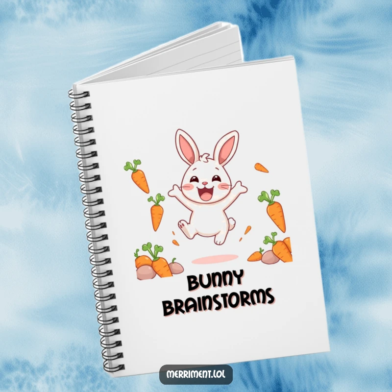 Funny notebook cover showing a delighted rabbit character bouncing with excitement, accompanied by a whimsical scattering of floating carrots.