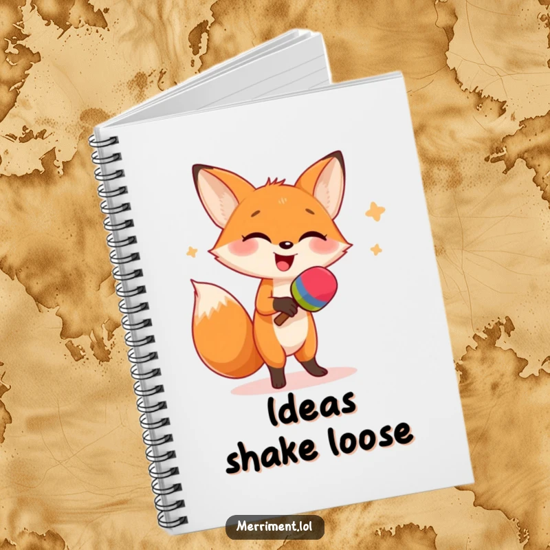 Funny notebook cover showing a giggling fox in a festive dance with maracas, inviting users to fill its pages with joy.