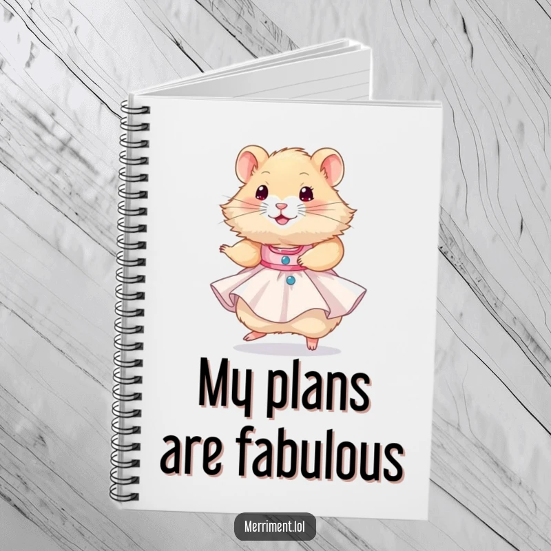 Funny hamster wearing a tiny party dress and twirling happily, a humorous cover for a notebook inspiring creative and fun ideas.
