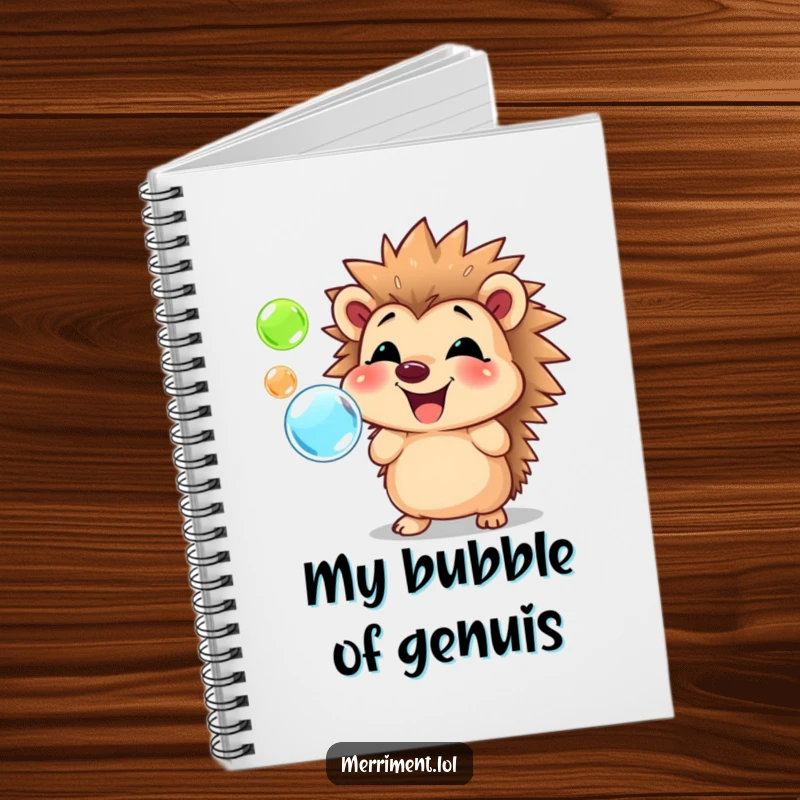 Funny hedgehog notebook, smiling and blowing colorful bubbles, ideal for writing down happy thoughts and creative ideas.