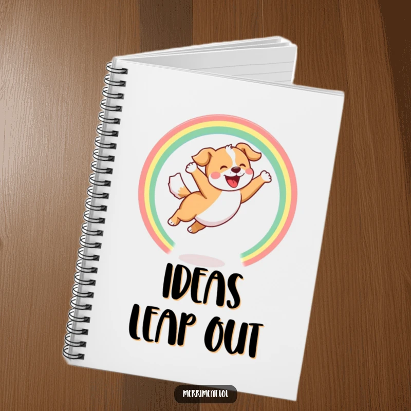 Funny Notebook with a joyful dog leaping through a hoop of rainbows with a happy bark, great for notes and ideas.
