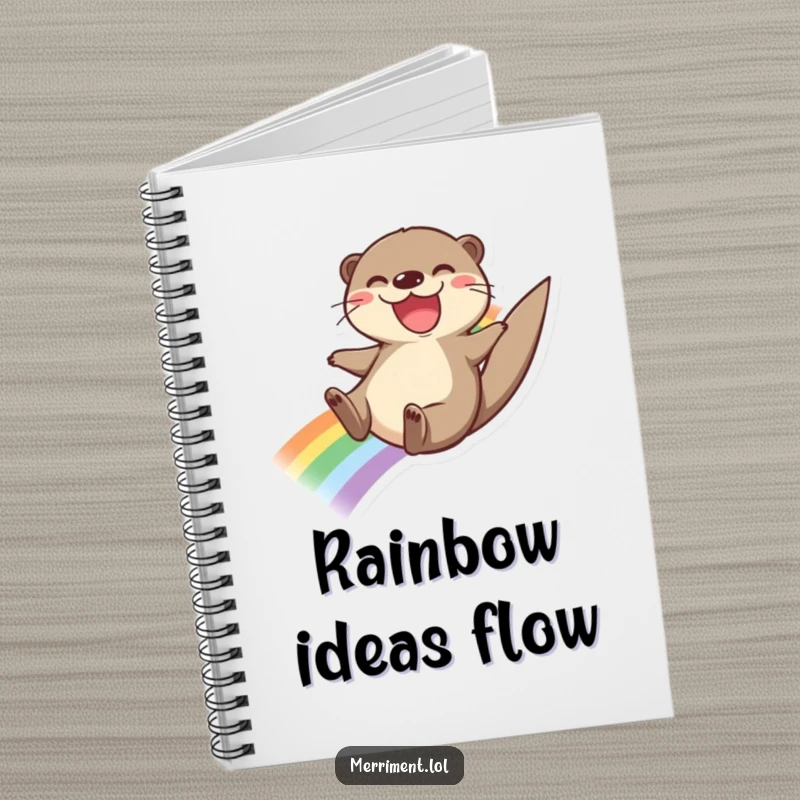 Funny notebook with a joyful otter sliding down a rainbow with a wide grin, perfect for jotting down cheerful ideas and adventures.
