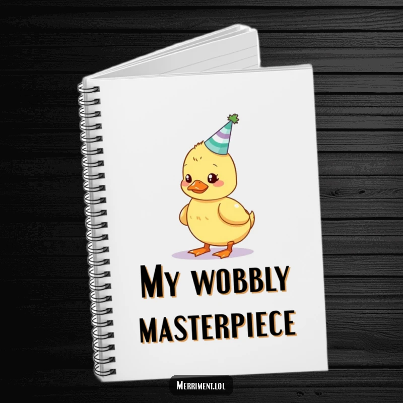 Funny duckling notebook showing a wobbly bird balancing a glowing party hat, perfect for jotting down festive plans.