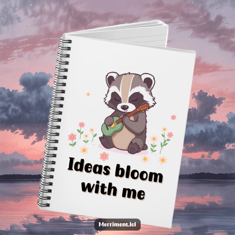 Funny badger notebook depicting a determined animal tapping rhythmically to create instant flower blooms, perfect for journaling with magic.