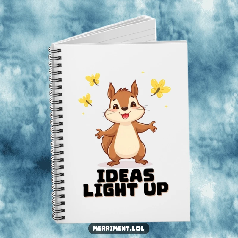 Funny notebook cover with a determined squirrel juggling three glowing fireflies, symbolizing organized enthusiasm.