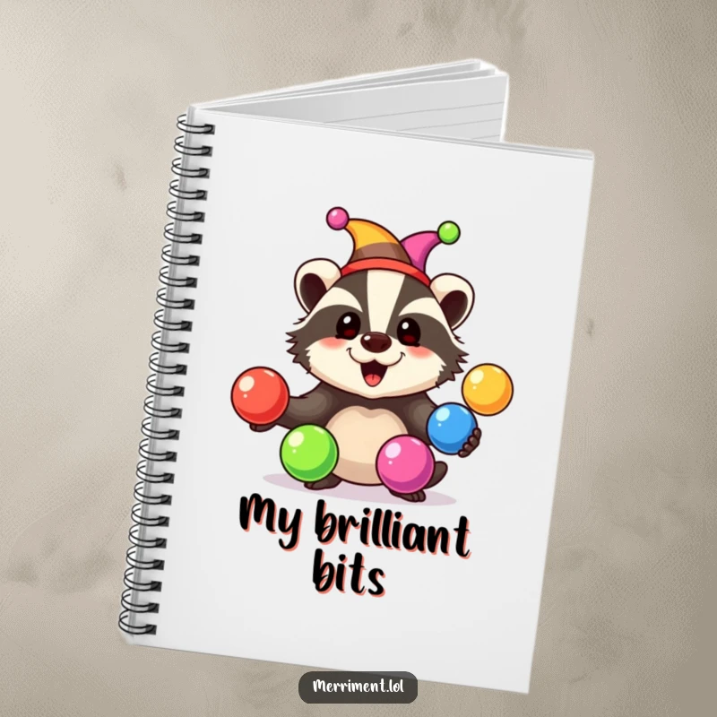 Happy badger wearing a jester hat juggles rainbow-colored balls, on the cover of a ruled notebook for writing.