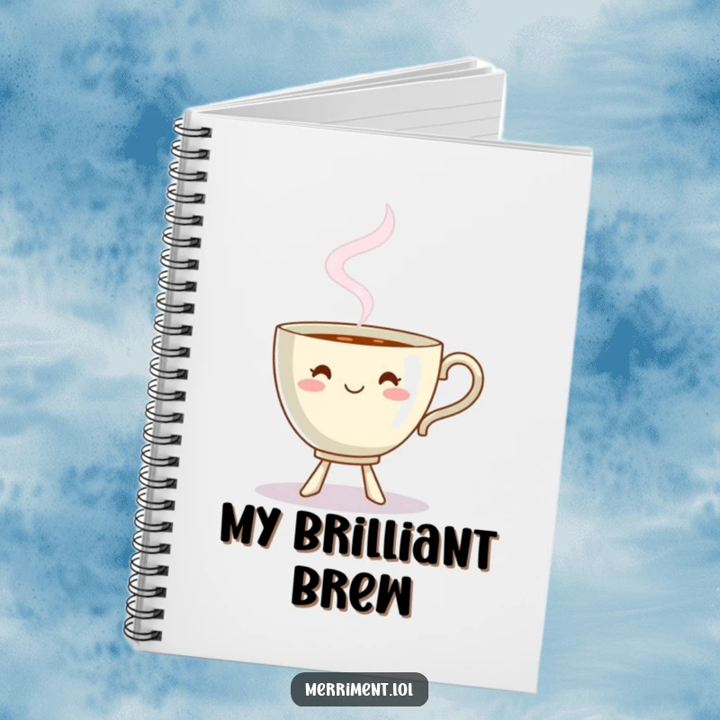 Funny dancing teacup notebook with steam forming a playful shape, a whimsical and humorous journal.