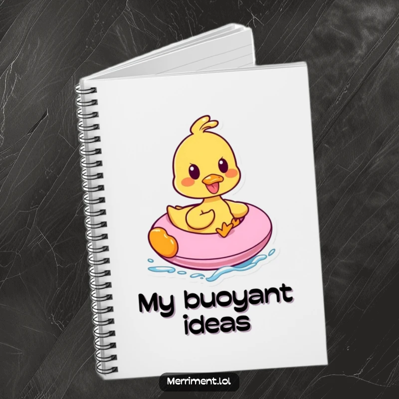 Funny notebook cover depicting a happy duck quacking with excitement while riding a colorful inflatable, perfect for jotting down funny thoughts.