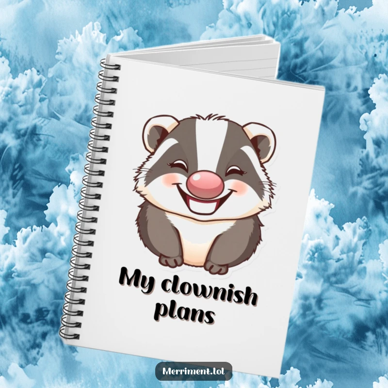 Funny badger wearing a clown nose and making a silly face, perfect for humorous note-taking and creative journaling.