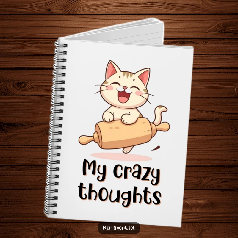 Funny Cat Notebook, a cheerful cat with a wide grin, riding a runaway rolling pin, perfect for jotting down happy thoughts.