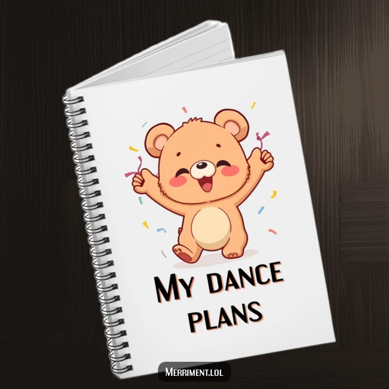 Funny notebook cover with a giggling bear cub dancing with streamers, symbolizing joyful ideas.