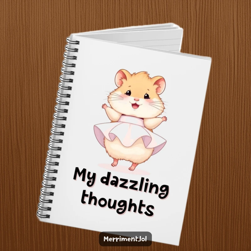 Funny hamster notebook, a hamster in a party dress happily twirling, perfect for notes and joyful thoughts.