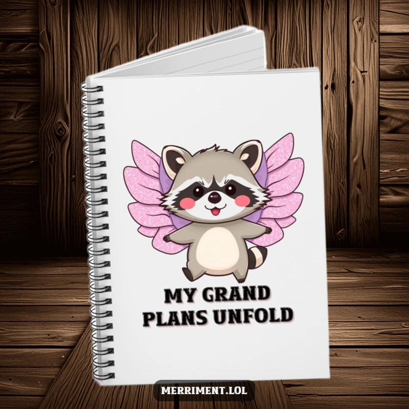 Funny notebook cover featuring a blushing raccoon with large, glittery paper wings attempting to fly.