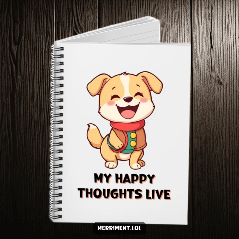 Funny notebook cover featuring a happy dog in a festive vest, its tail wagging wildly with excitement.