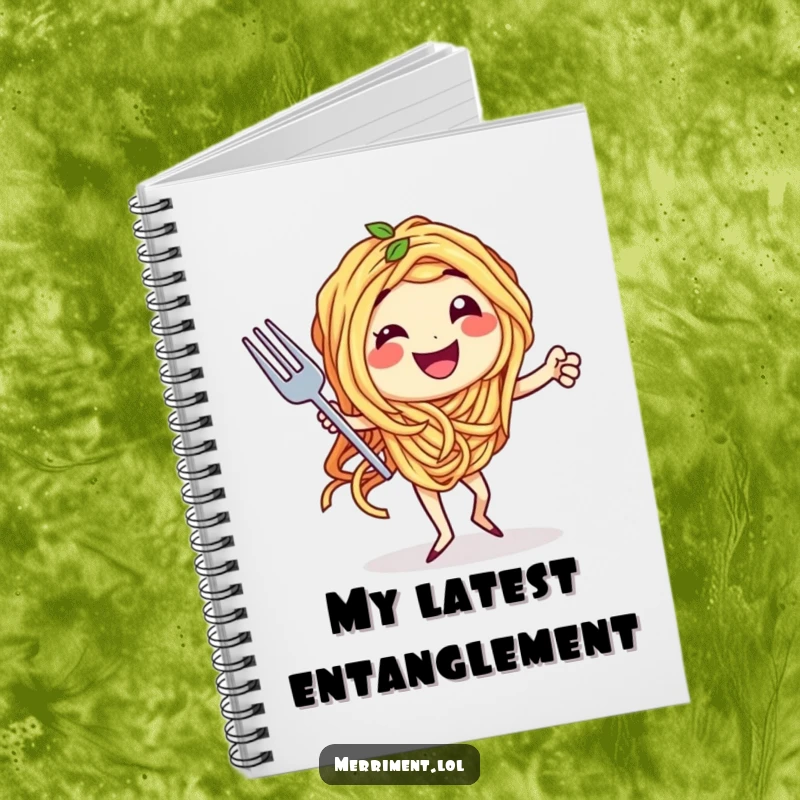 Funny notebook cover with spaghetti character in a tango with a fork, ideal for jotting down culinary ideas and humorous notes.