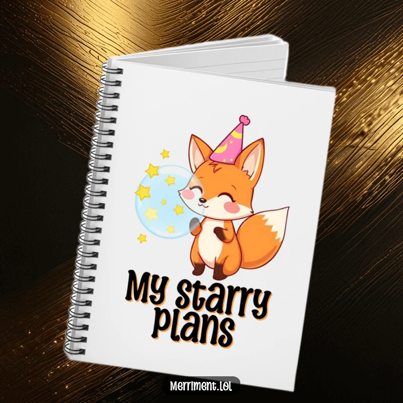 Funny notebook cover with a party hat fox blowing a bubble that turns into stars, perfect for jotting down fun ideas.