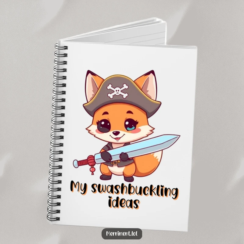 Funny notebook cover with a curious fox in a pirate hat, holding a giant lollipop sword, perfect for mapping ideas.