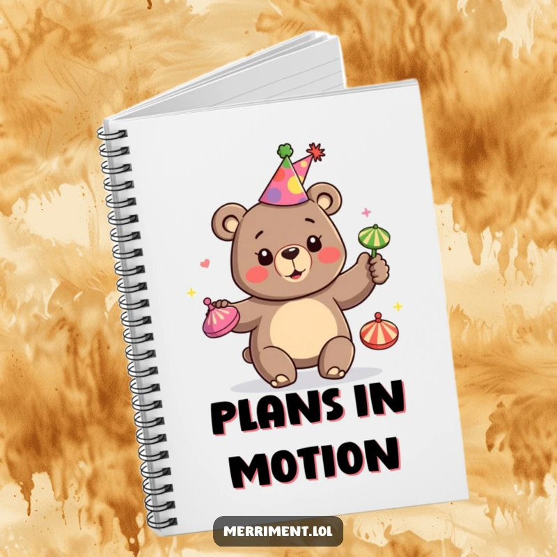 Funny notebook cover with a happy bear wearing a party hat and juggling colorful spinning tops, perfect for party notes.
